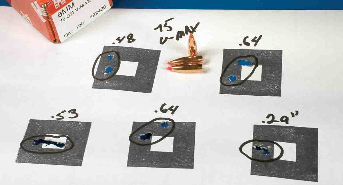 The Nosler 70-grain Ballistic Tip (left) shot well with a variety of powders, as did the Hornady 75-grain V-MAX (right).